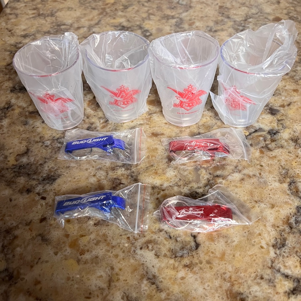 Anheuser-Busch: Budweiser Bud Light Lot: cups & keychain bottle openers NEW